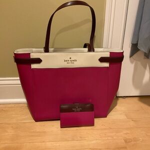 kate spade Hot Pink and white Tote with Dark Brown Handles and matching wallet